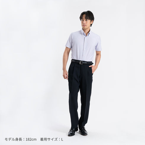 【日本製】 ワイシャツ メンズ 半袖 ビジネス 形態安定 速乾 ノーアイロン ストライプシャツ ボタンダウン ネイビー(SHKN24-063-na)